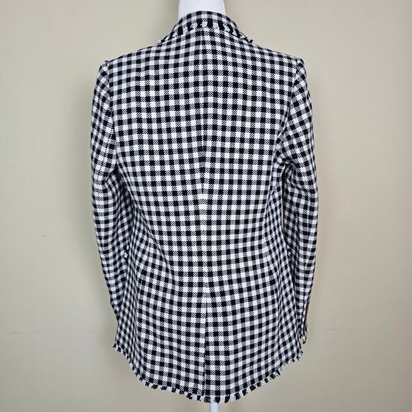 Boden Women's 10 Navy Gingham Cotton Tweed Blazer Raw Edge Fringe NWOT Jacket - Picture 2 of 11